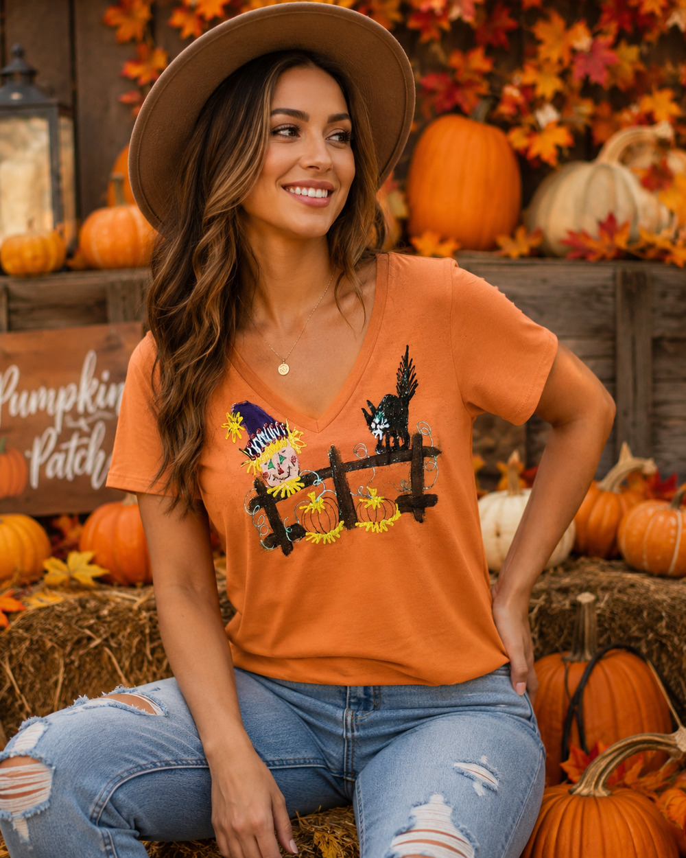 Handmade Fall Pumpkin Scarecrow Graphic Tee Small Autumn Harvest Halloween